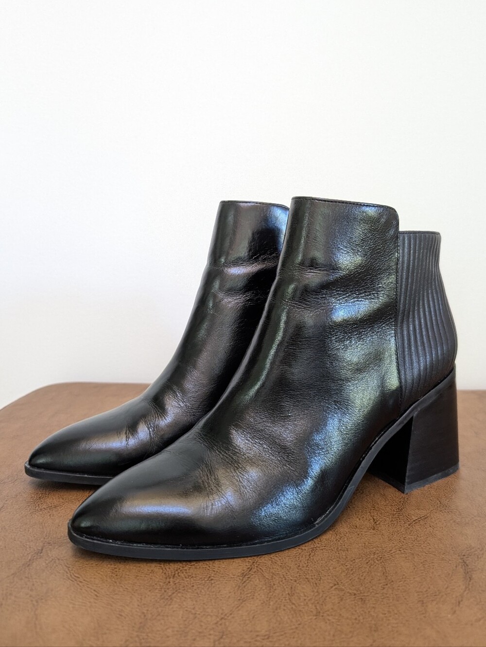 Zac Posen Black Leather Ribbed Heel Ankle Boots Booties